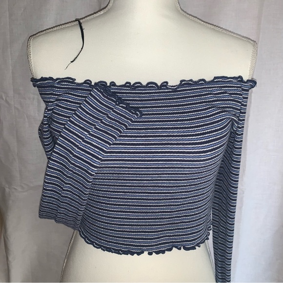 H&M Divided | Black,Blue,White Striped+Long Sleeve+Off Shoulder Crop Top| Small - Picture 2 of 3
